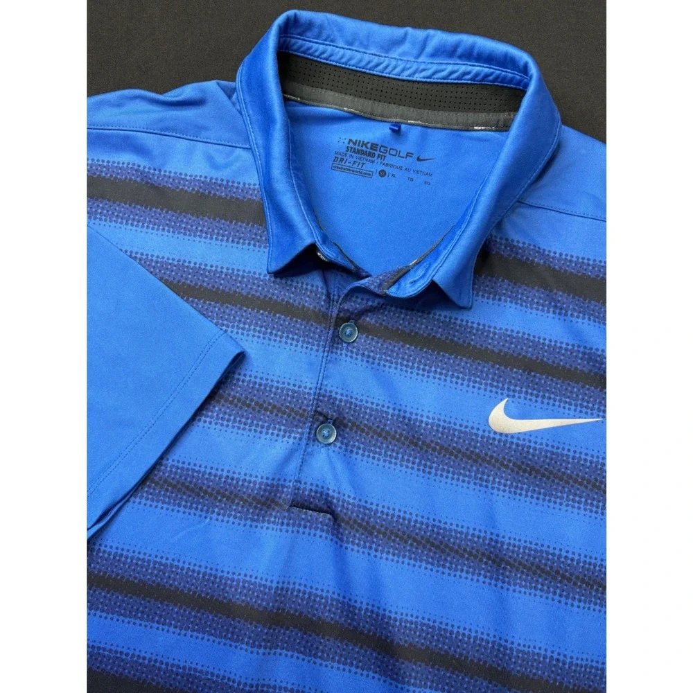 Nike Golf Polo Shirt Mens‎ XL Blue Black Striped Dri-FIT Athletic Training